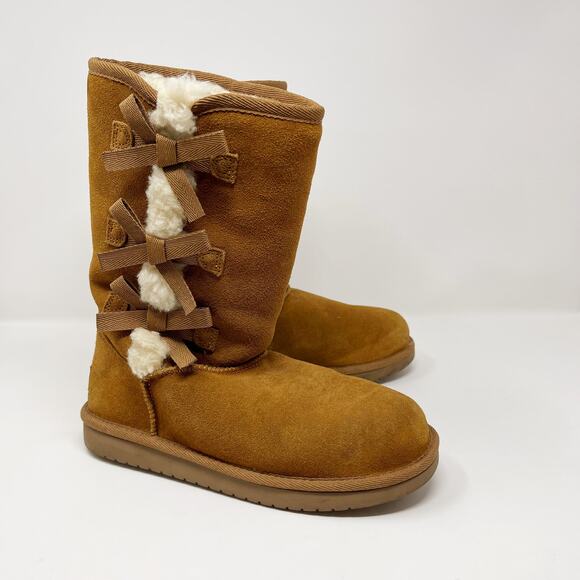 Koolaburra by UGG Suede Bow Tall Boots Tan Chestnut Victoria Womens Size 5 Cozy - Picture 1 of 13